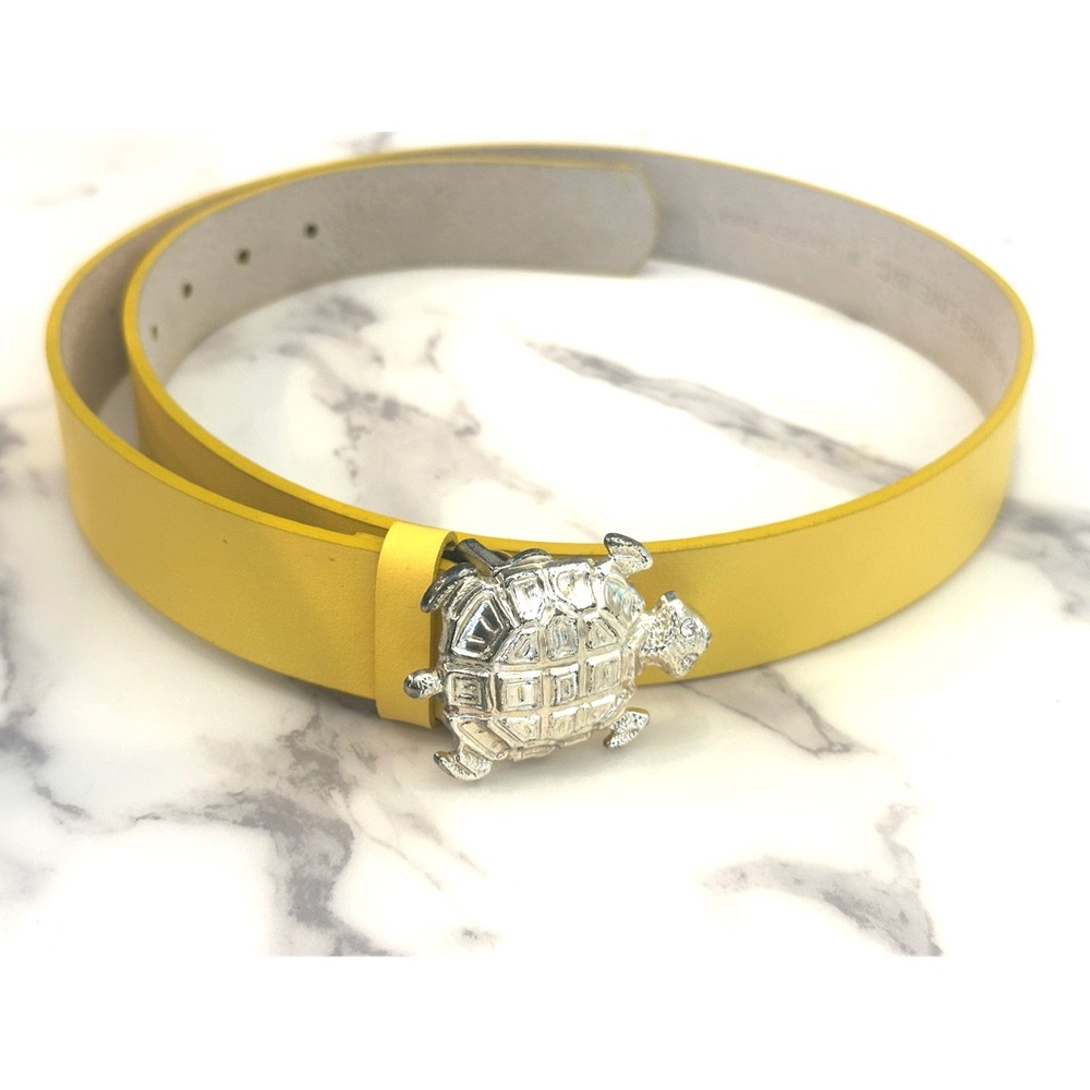 TURTLE BUCKLE “ANOTHER LINE” YELLOW LEATHER BELT size M 33”- 37” Waist